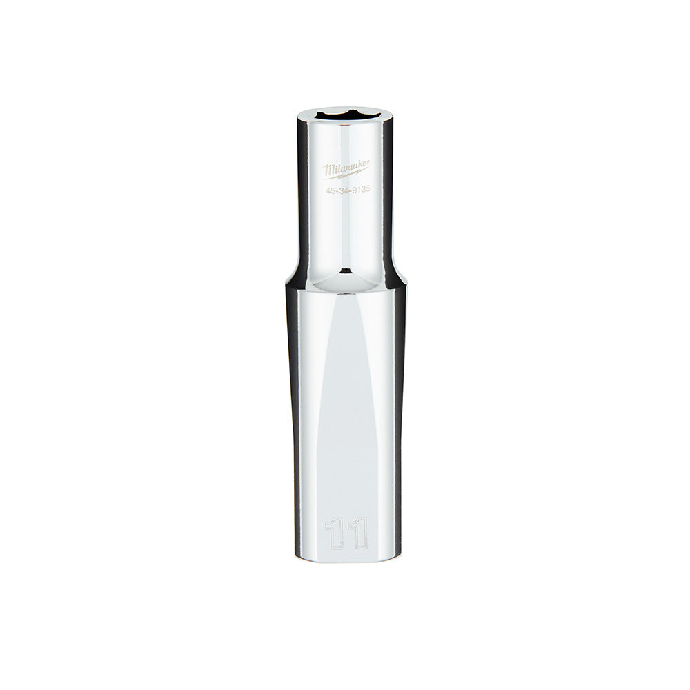Milwaukee 11mm metric deep socket with six-point drive and four flat sides on cylindrical chrome body.