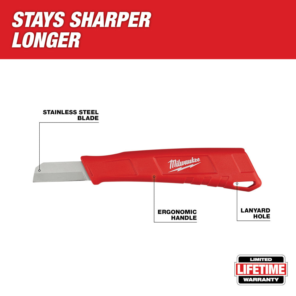 Milwaukee cable splicer's sheath knife with red ergonomic handle and stainless steel blade.