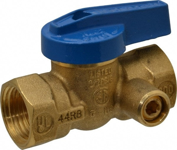 Forged brass gas valve with blue lever handle and side tap port for 1/2" connection.