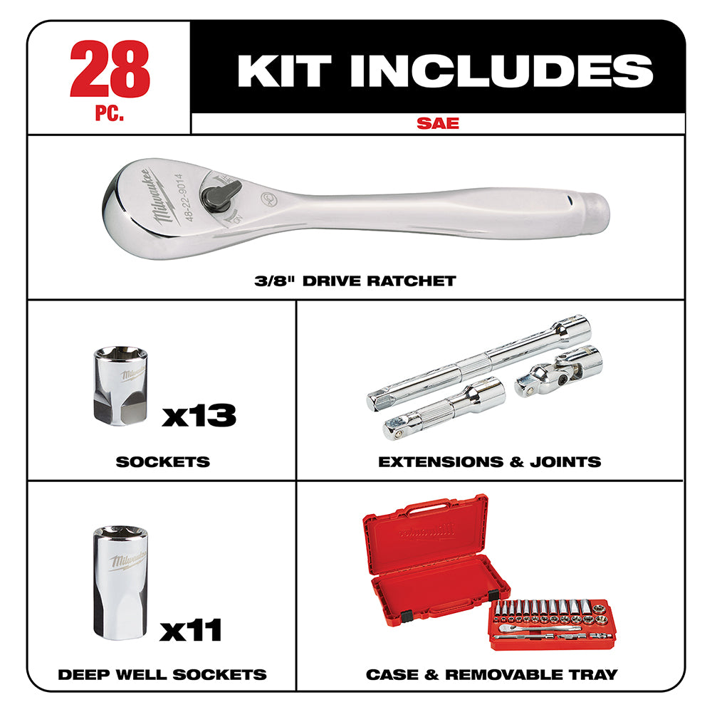 Milwaukee 3/8 in. drive ratchet with 13 sockets, 11 deep well sockets, extensions, joints, and red carrying case.