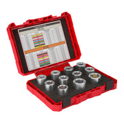 Red plastic case containing metal bushings with reference chart showing color-coded wire sizes and specifications.