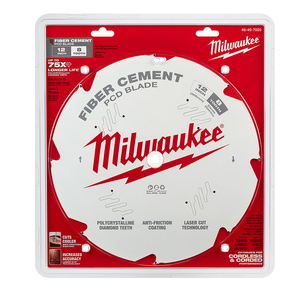 Milwaukee 12-inch fiber cement PCD circular saw blade with 8 teeth on red and white packaging.