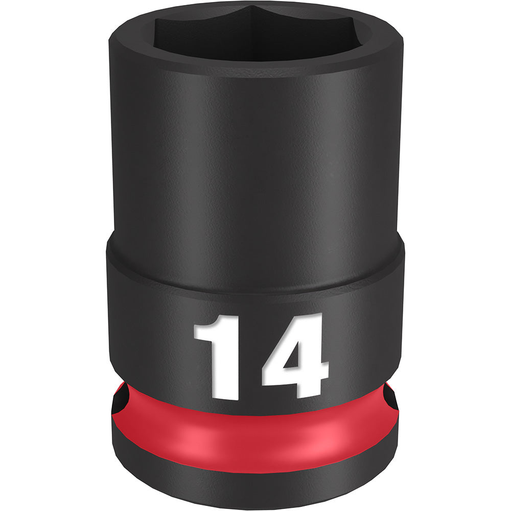 Black impact socket with 6-point hexagonal opening, marked "14" on the band, with red rubber grip ring at base.