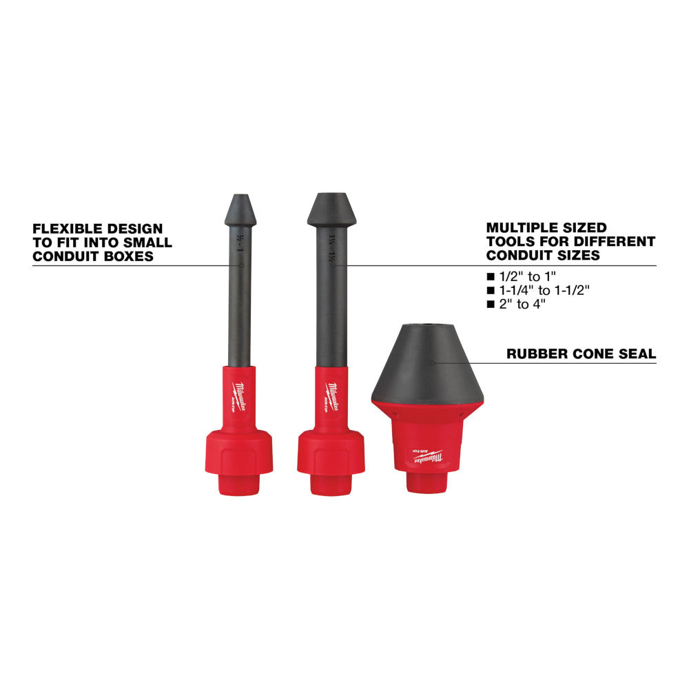 Three red and black conduit line puller tools with flexible shafts and rubber cone seals for various conduit sizes.