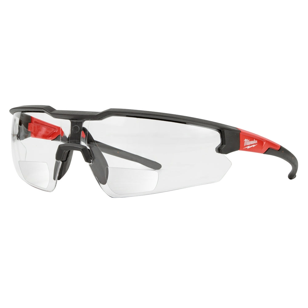 Black and red safety glasses with clear magnified lenses and curved temples.