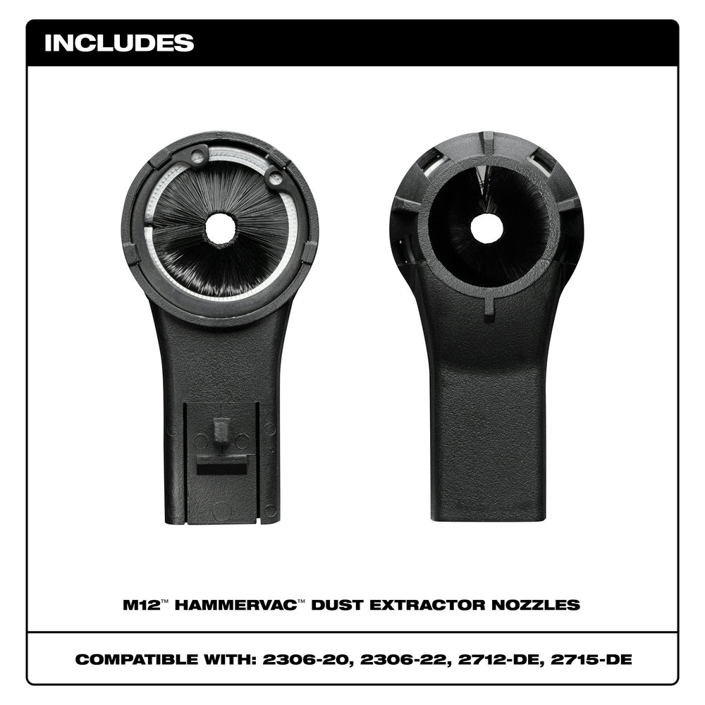 Two black M12 HAMMERVAC dust extractor nozzles shown in front and back views.