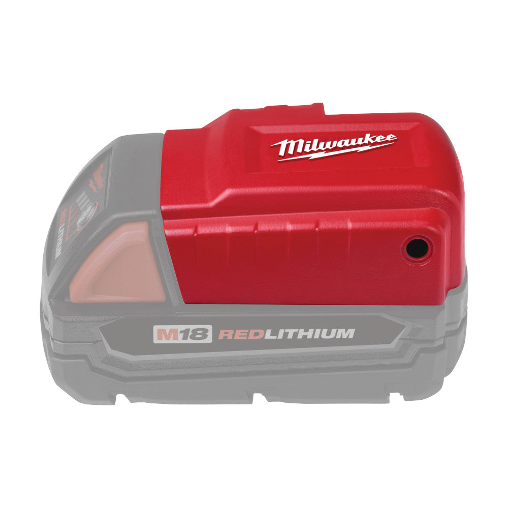 Red Milwaukee M18 RedLithium battery pack with white logo text on top.