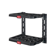 Black Milwaukee PACKOUT wall-mounted racking system with two shelves and vertical mounting slots on both sides.