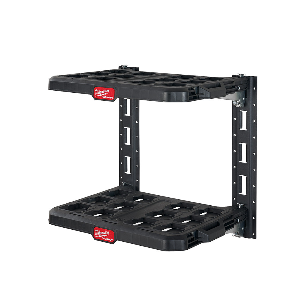 Black Milwaukee PACKOUT wall-mounted racking system with two shelves and vertical mounting slots on both sides.