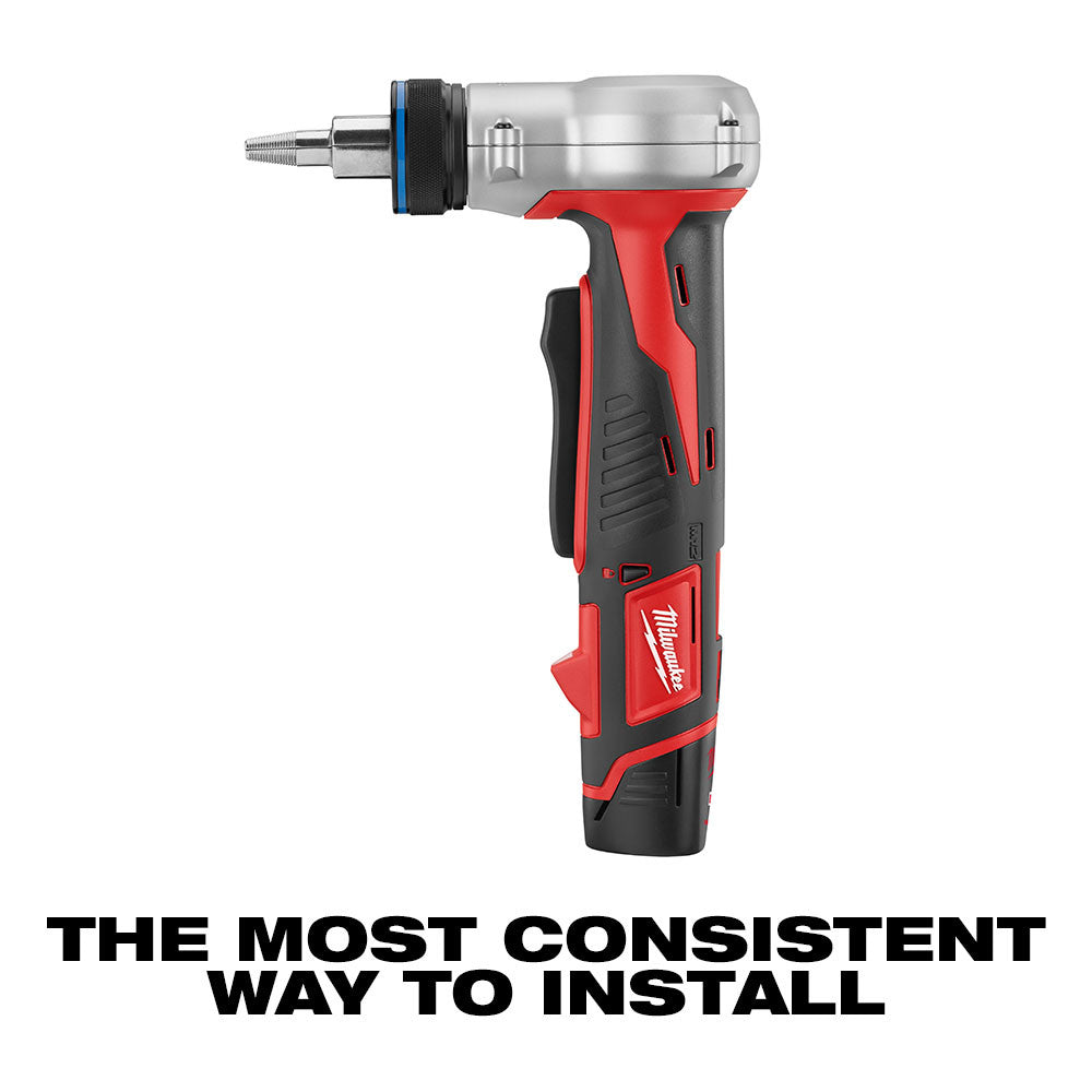 Milwaukee M12 ProPEX expansion tool with red and black handle, metal head, and blue ring collar.