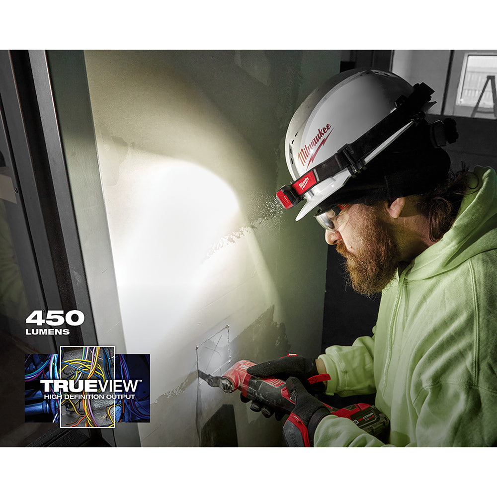 Milwaukee white and red rechargeable headlamp mounted on hard hat, projecting bright white light onto wall surface.