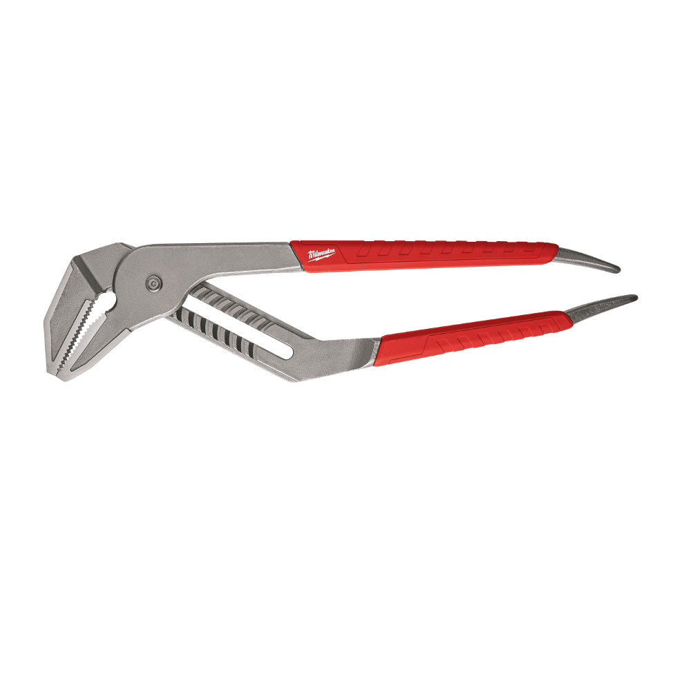 Metal straight-jaw pliers with red handles and serrated gripping surfaces on the jaws.