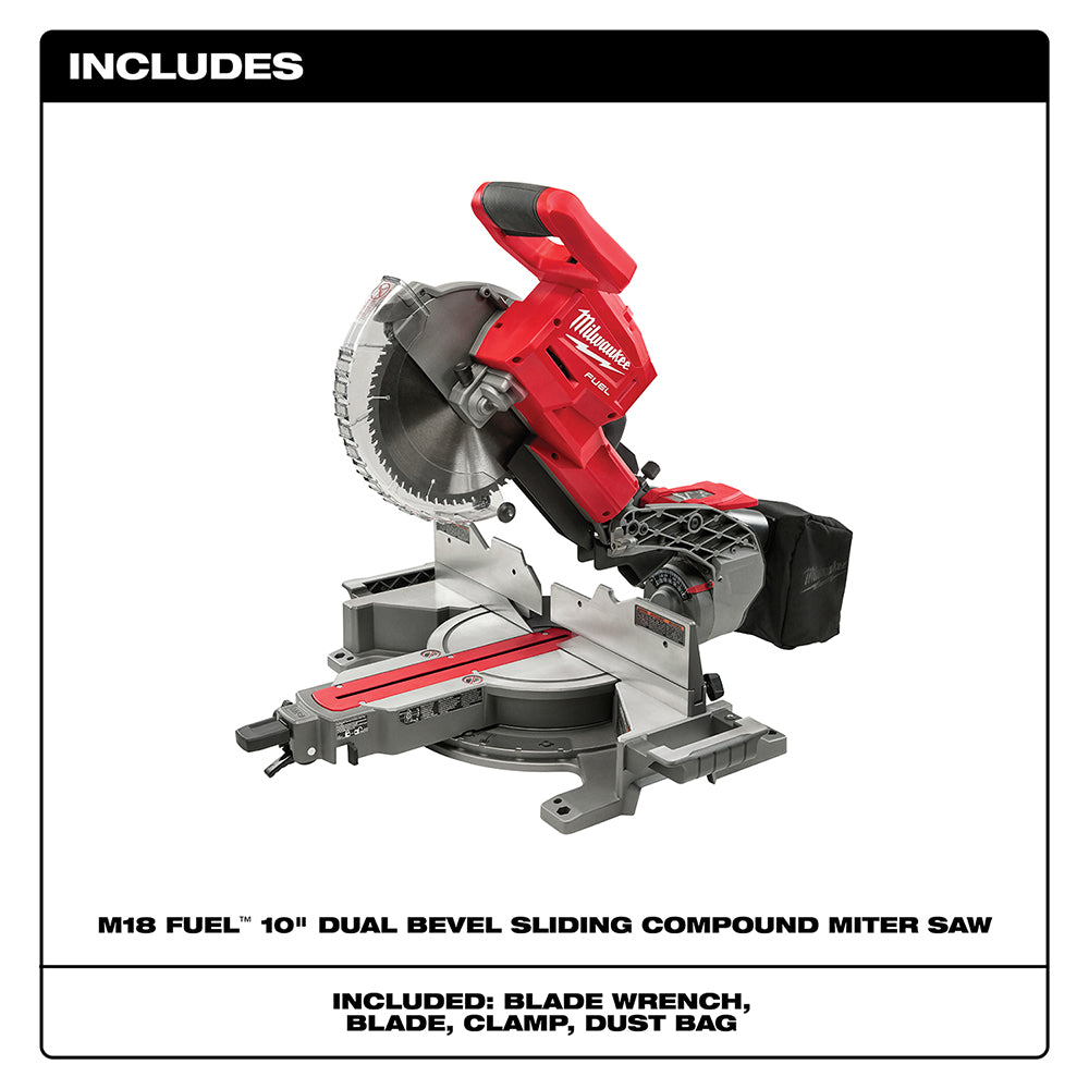 Red and black Milwaukee M18 FUEL dual bevel sliding compound miter saw with circular blade, shown with included blade wrench,