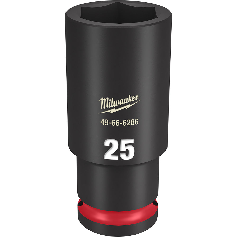 Black Milwaukee Shockwave 25MM deep socket with hexagonal opening and red grip band at base.