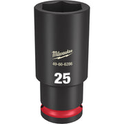 Black Milwaukee Shockwave 25MM deep socket with hexagonal opening and red grip band at base.