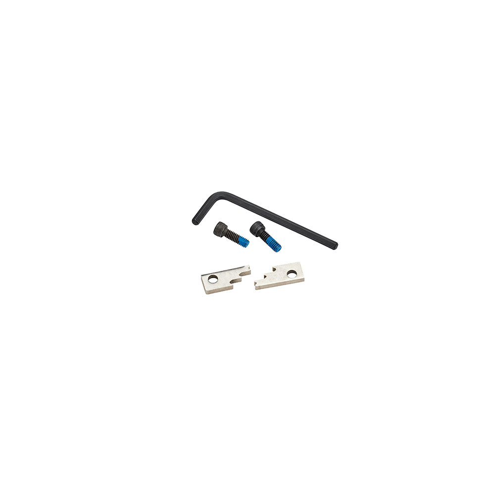 Set of replacement blades and hardware including hex key, two screws with blue heads, and two metal cutting blades.