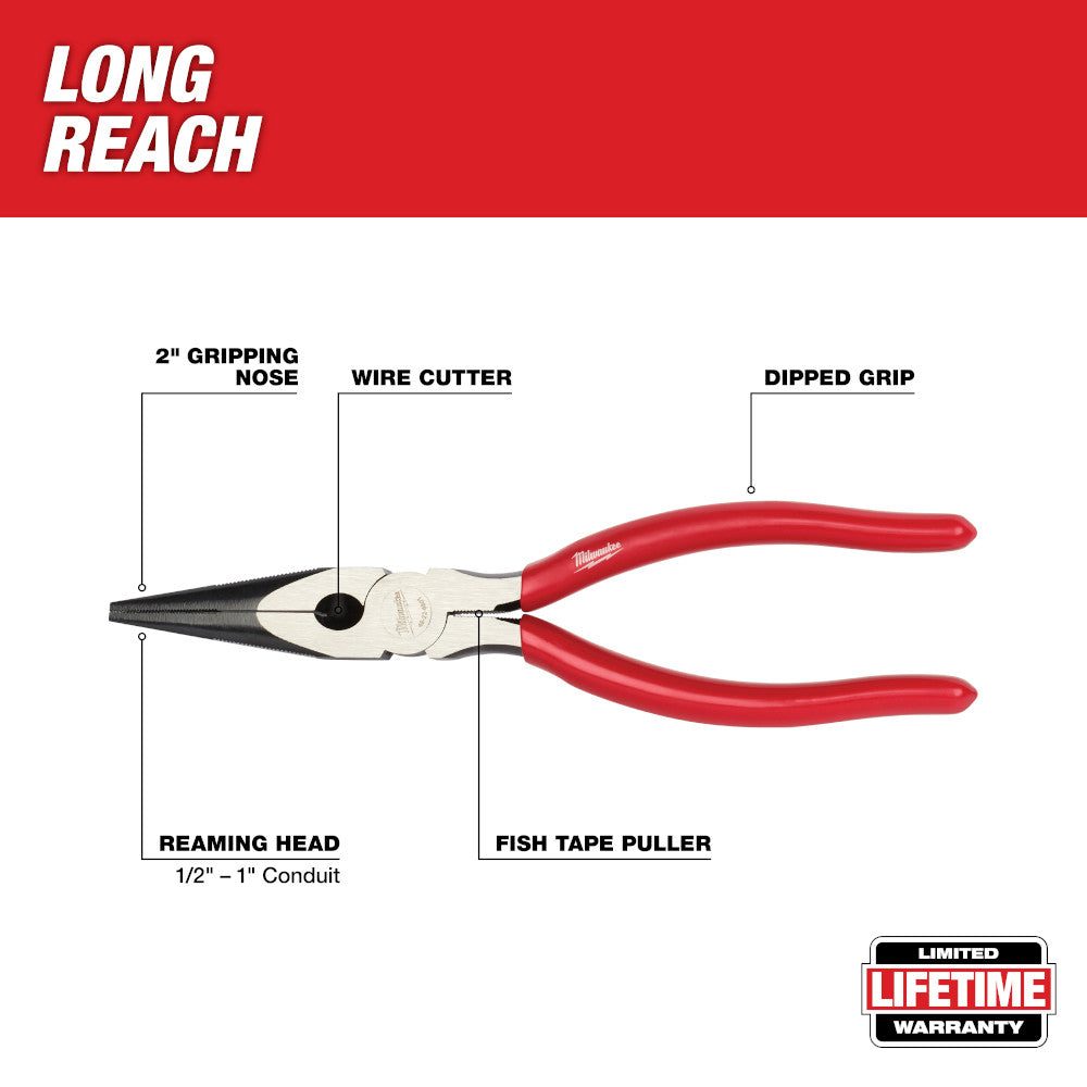 Long nose pliers with red handles, black gripping nose, wire cutter, and reaming head for 1/2"-1" conduit.