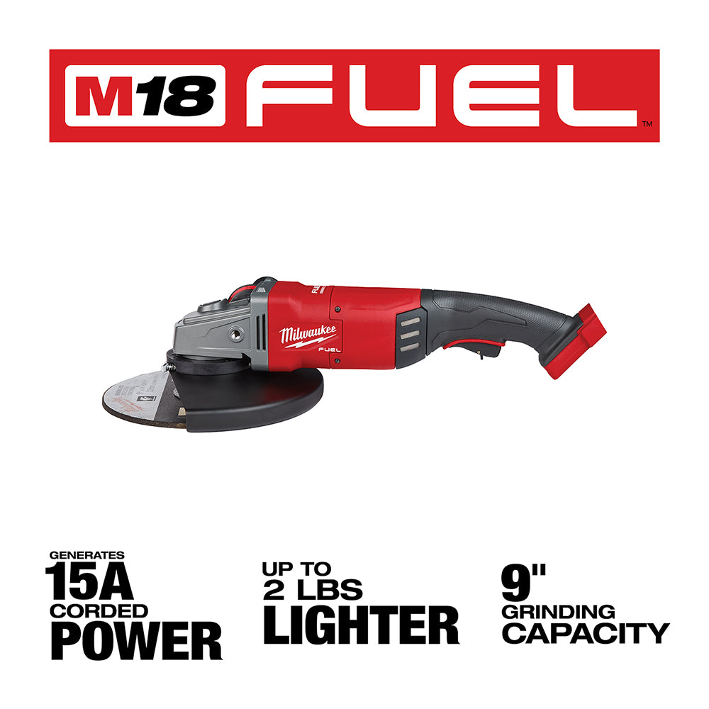 Milwaukee M18 FUEL large angle grinder with red and black body, gray grinding wheel, and black grip handle.