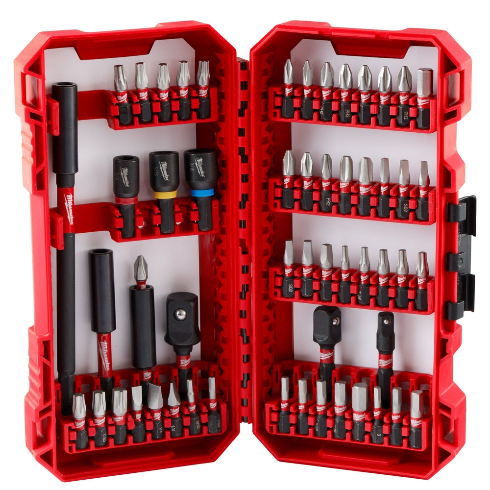Red Milwaukee Shockwave 55-piece driver bit set with case open showing assorted bits, adapters, and accessories organized in 