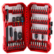 Red Milwaukee Shockwave 55-piece driver bit set with case open showing assorted bits, adapters, and accessories organized in 