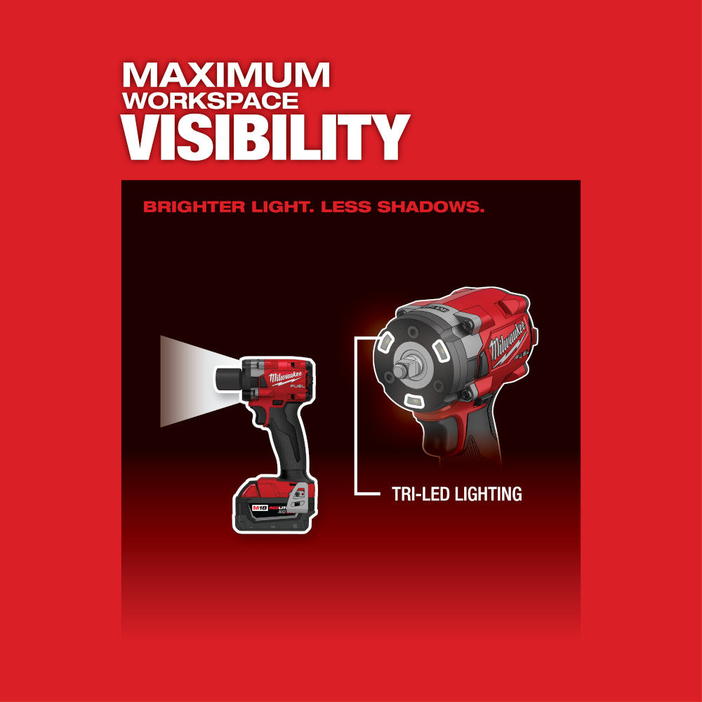 Red and black Milwaukee M18 impact wrench with friction ring shown from side angle, highlighting tri-LED lighting feature.