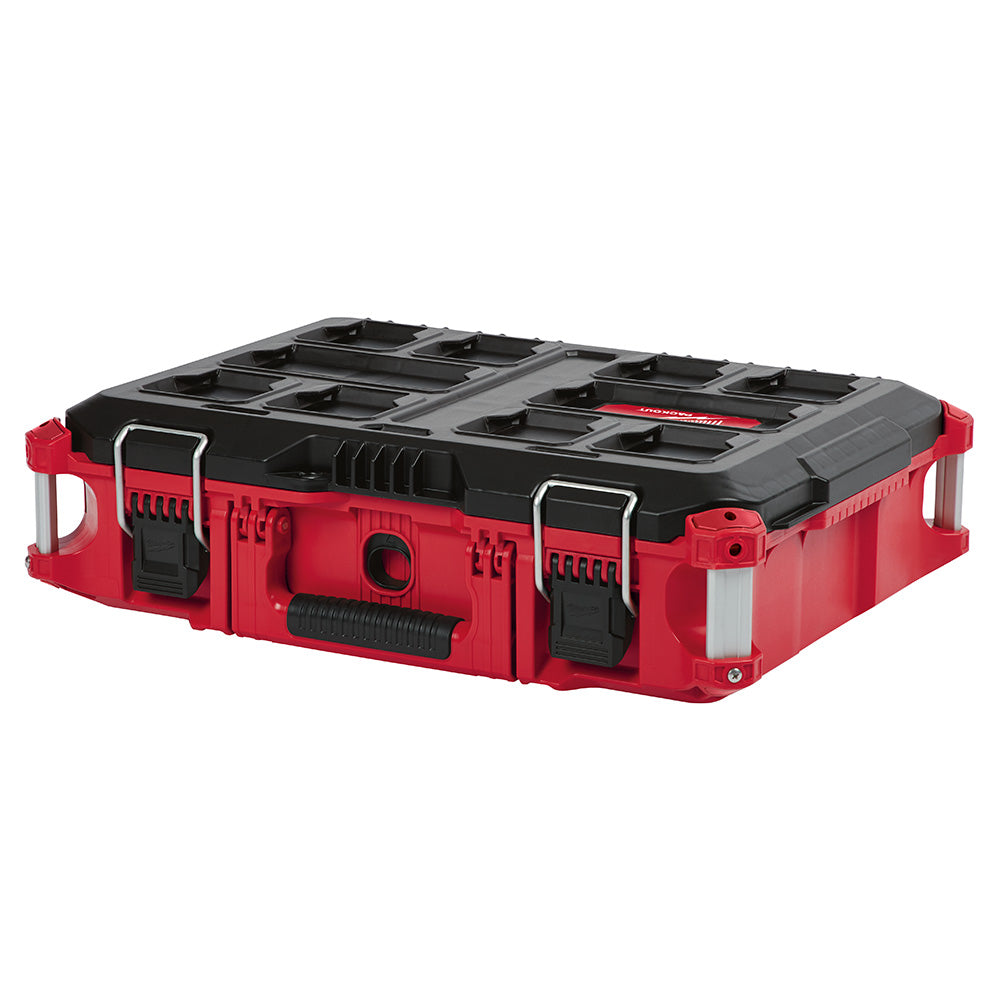 Red and black plastic tool box with multiple compartments, metal handles, and latches.