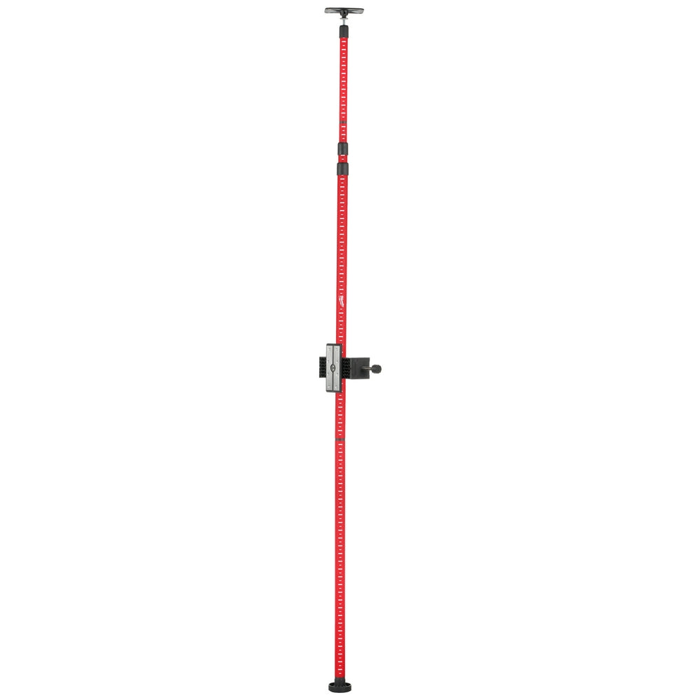 Red telescoping pole with black handle at top, measurement markings along shaft, and adjustment clamp with knob in middle sec