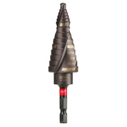 Milwaukee Shockwave Impact Duty step bit with cone-shaped dark metal body, brass measurement markings, and black hex drive sh