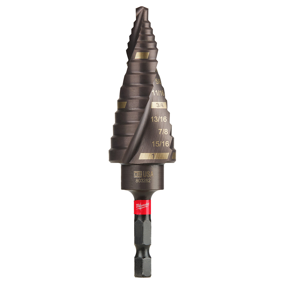 Milwaukee Shockwave Impact Duty step bit with cone-shaped dark metal body, brass measurement markings, and black hex drive sh