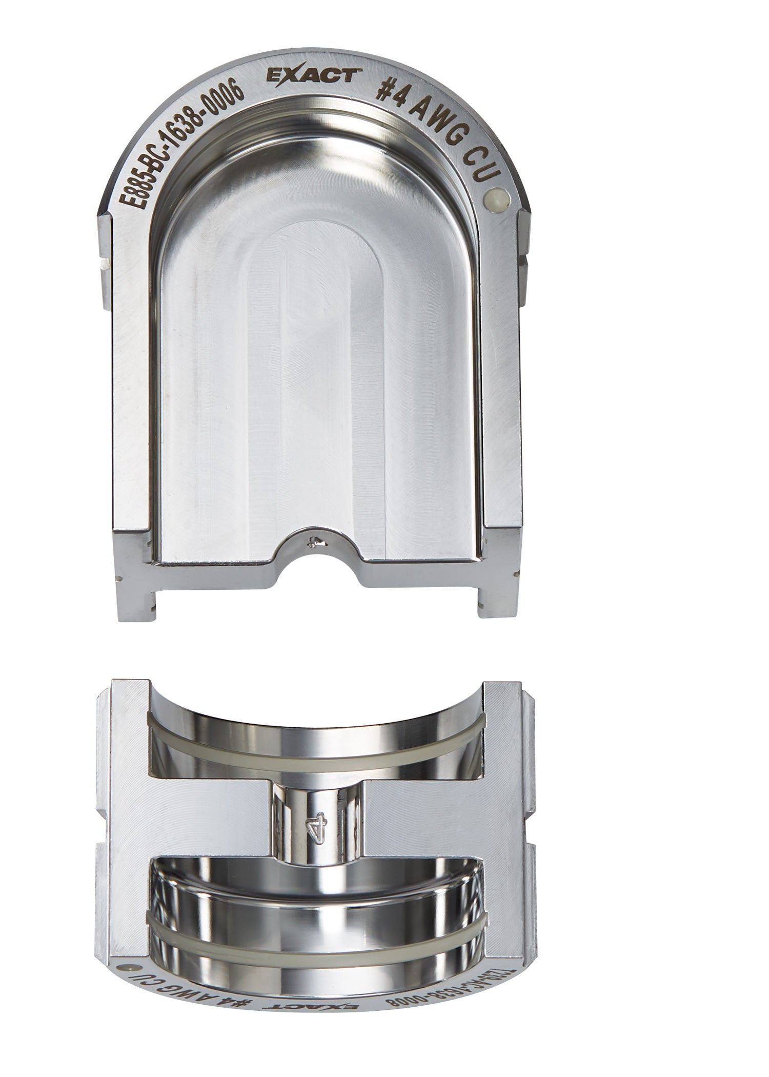 Milwaukee EXACT #4 aluminum U-style die with 12T gauge showing top and bottom views of the curved metal die component.