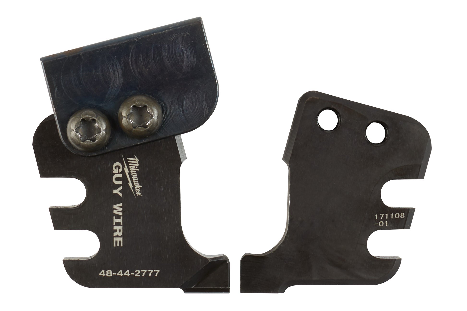 Black metal replacement blades with two cutting wheels and mounting holes for Milwaukee guy wire cutter.