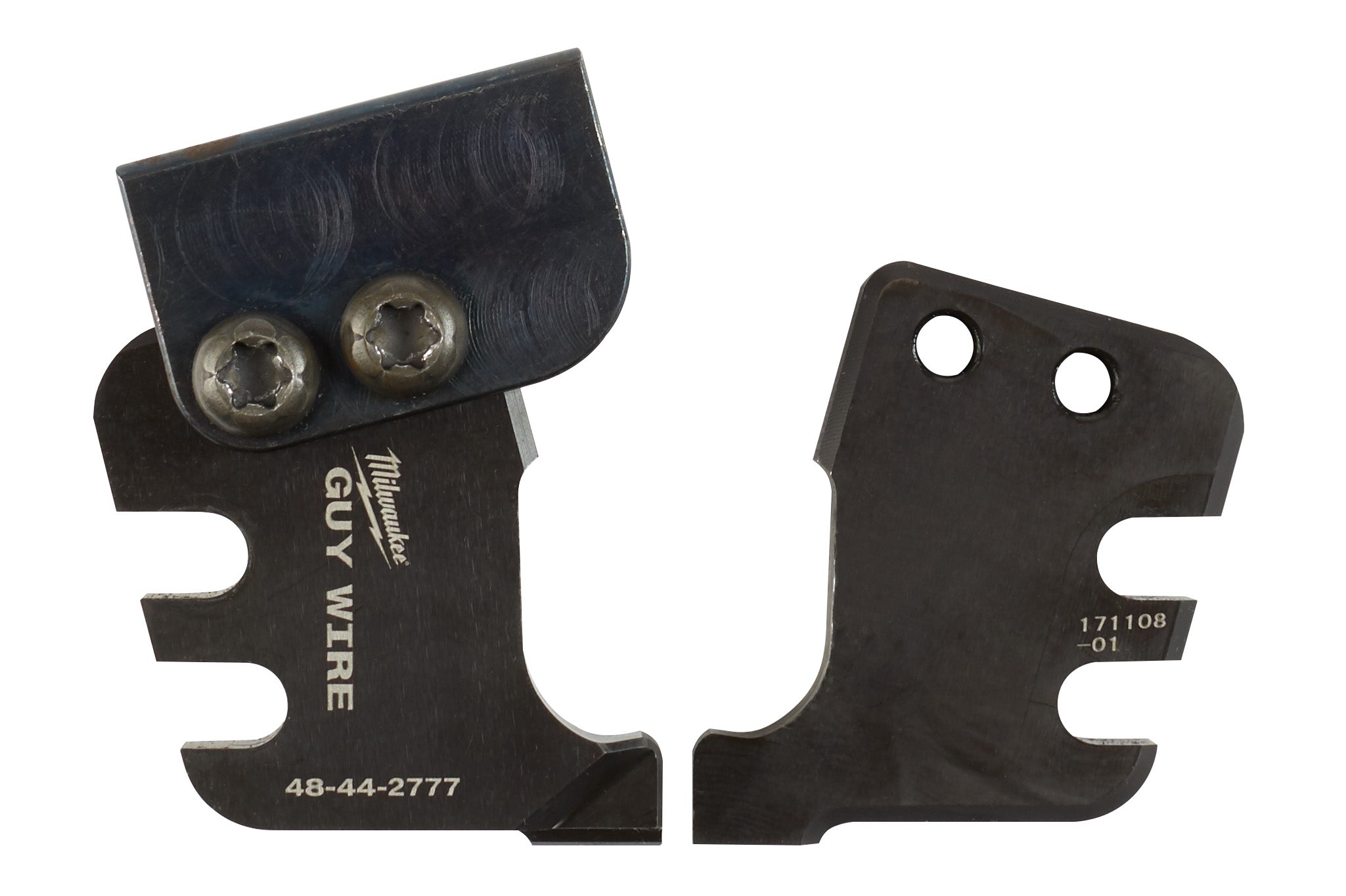 Black metal replacement blades with two cutting wheels and mounting holes for Milwaukee guy wire cutter.