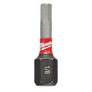 Black hexagonal impact bit with gray shaft and red Milwaukee band, marked "1/8" on socket.