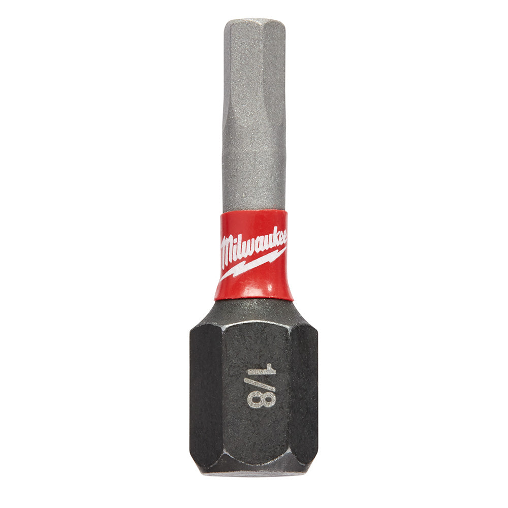 Milwaukee Shockwave Impact hex insert bit with red band and black hexagonal socket marked "3/32"