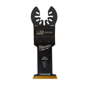Black Milwaukee OPEN-LOK oscillating saw blade with titanium-enhanced bi-metal cutting edge and dual prong attachment head.