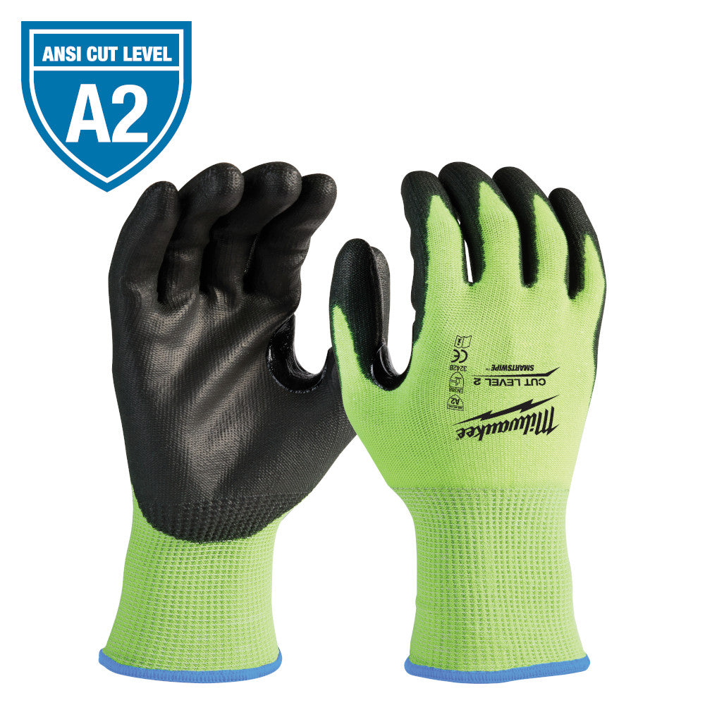 High-visibility yellow-green work gloves with black polyurethane-dipped palms and blue cuff trim, ANSI Cut Level A2 rated.