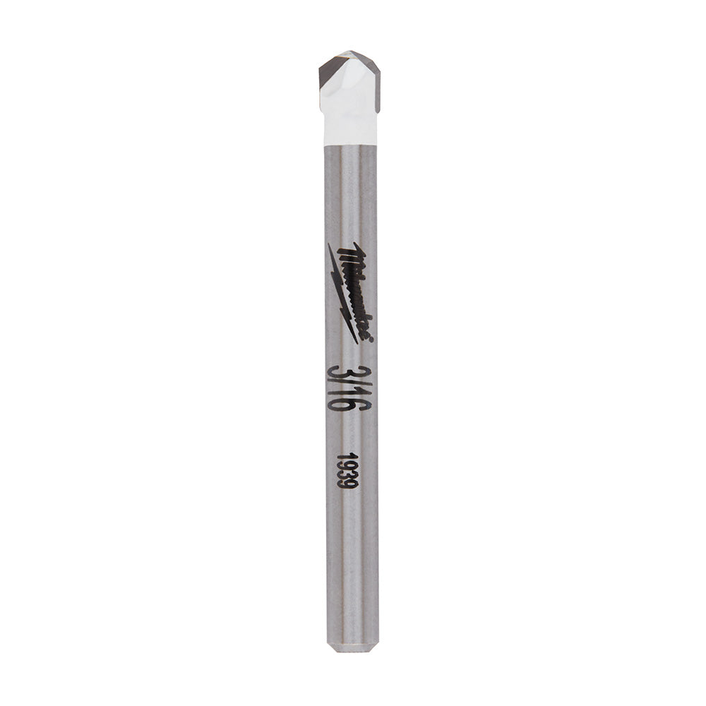 Milwaukee 3/16 in. tile and stone drill bit with gray shaft and pointed carbide tip.