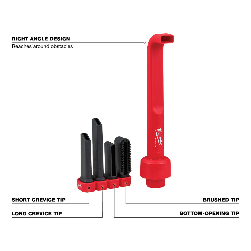 Red right-angle cleaning tool with four interchangeable black tips including crevice, brush, and bottom-opening attachments.