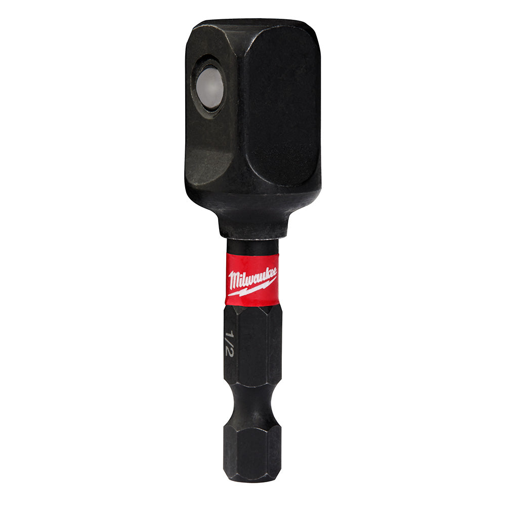 Black socket adapter with 1/4 inch hex drive on bottom and 1/2 inch square drive on top, Milwaukee brand label visible.