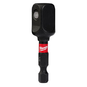 Black socket adapter with 1/4 inch hex drive on bottom and 1/2 inch square drive on top, Milwaukee brand label visible.