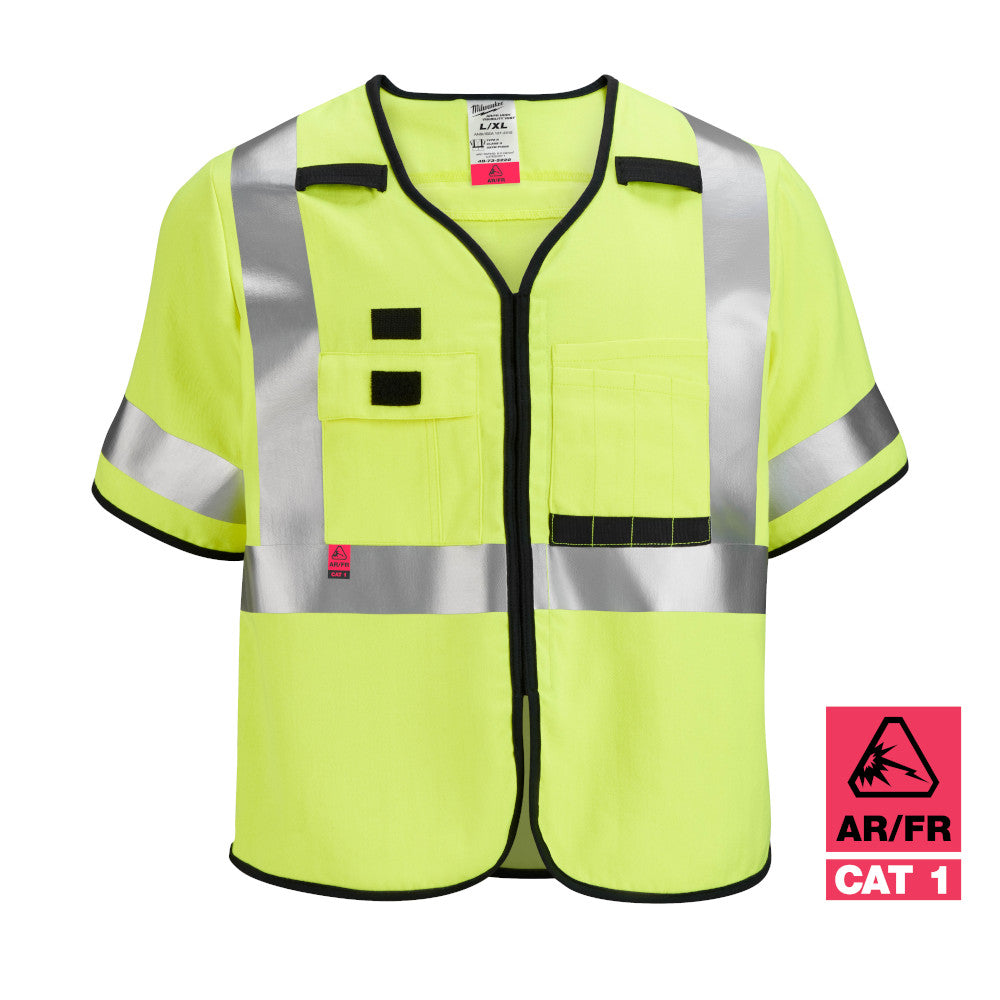 High-visibility yellow safety vest with silver reflective stripes and black trim, front zipper, and chest pockets.