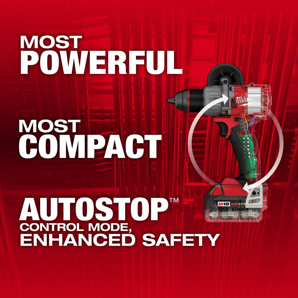 Milwaukee M18 FUEL 1/2" hammer drill/driver with battery and charger on red background.