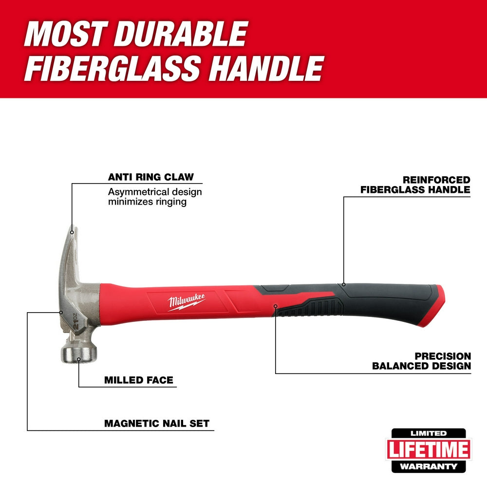 Milwaukee 21oz claw hammer with milled face, red and black fiberglass handle, and anti-ring claw design.