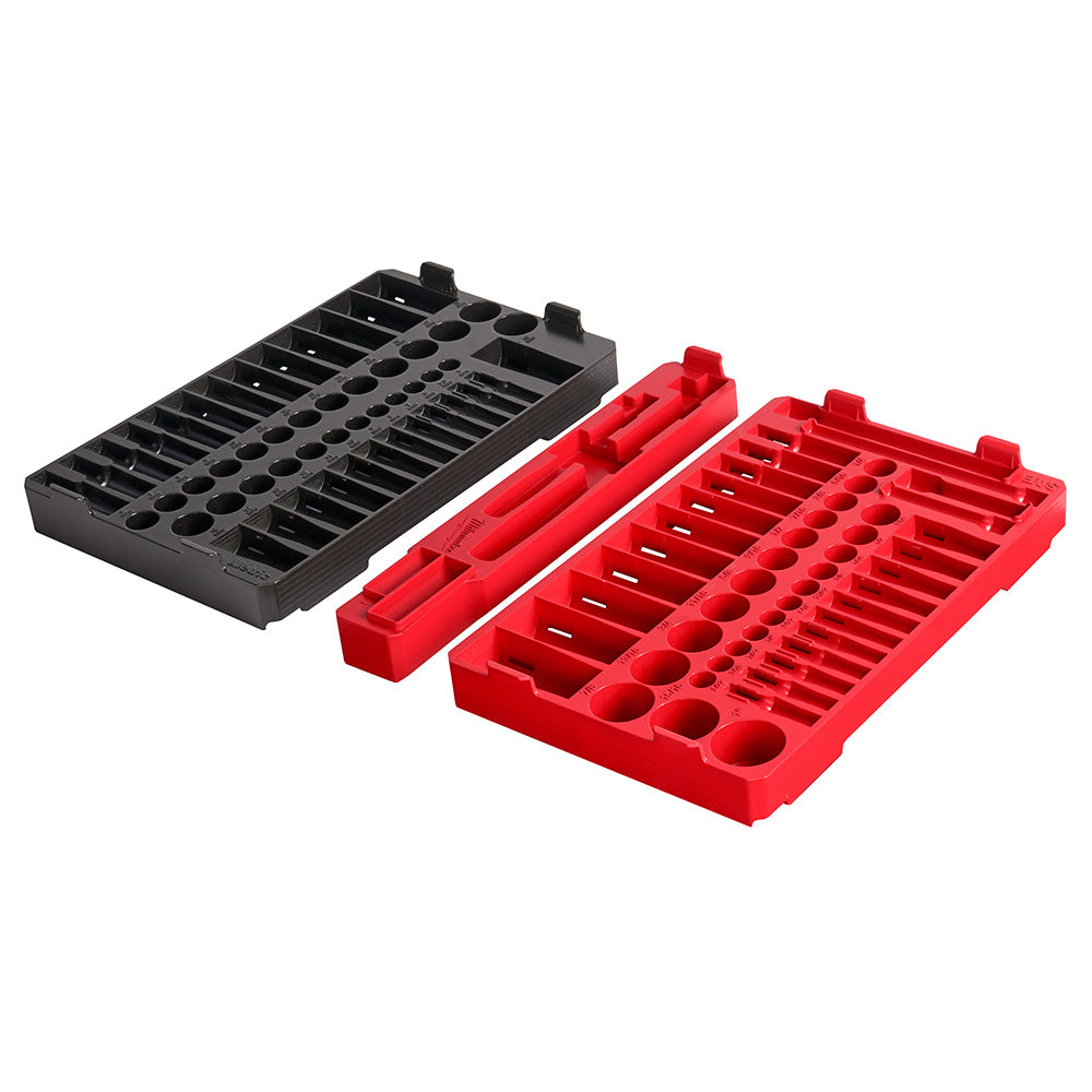 Black and red PACKOUT trays with organized socket and ratchet storage compartments.