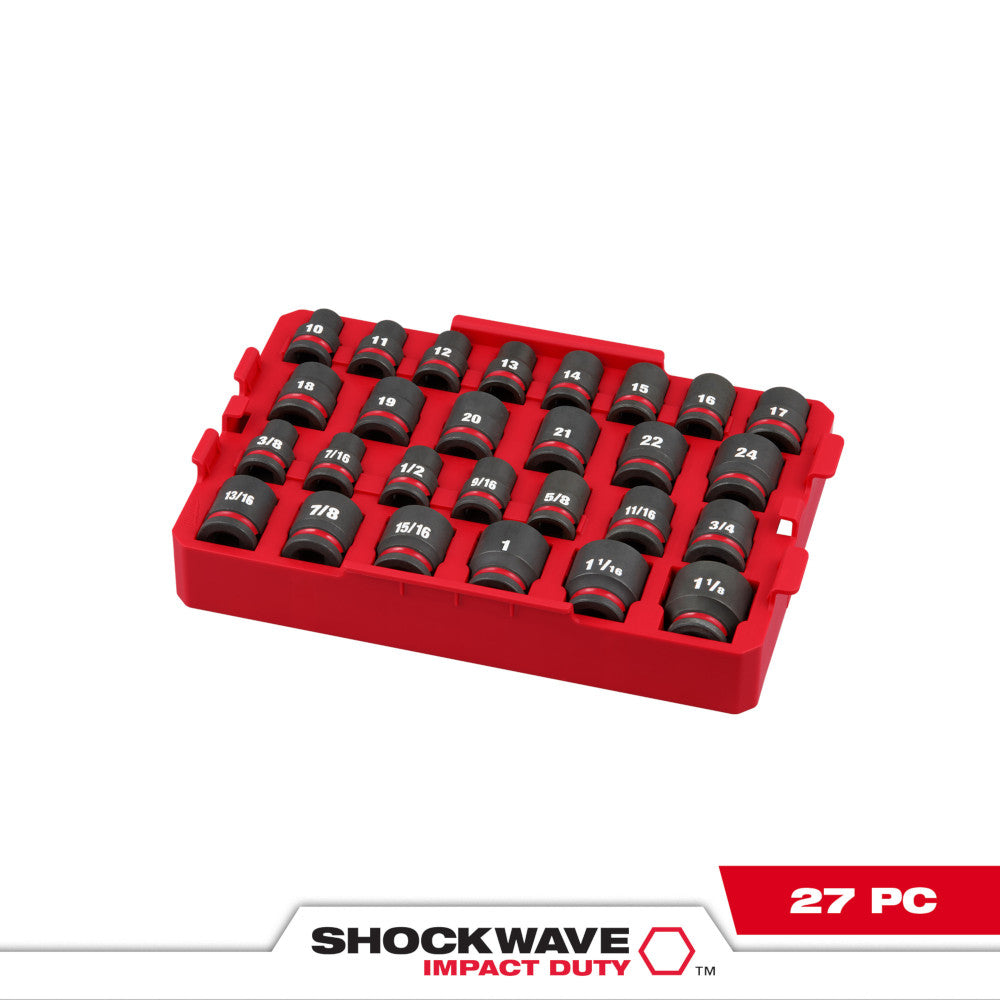 27-piece 1/2" drive socket set with SAE and metric sizes in red plastic tray with labeled black sockets.