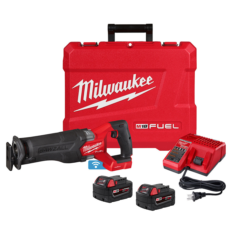 Milwaukee M18 FUEL reciprocating saw kit with red case, charger, two batteries, and accessories.