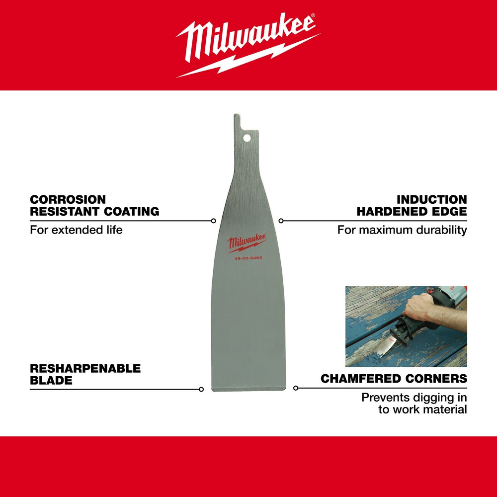 Gray Milwaukee scraper blade with corrosion-resistant coating, hardened edge, and chamfered corners.
