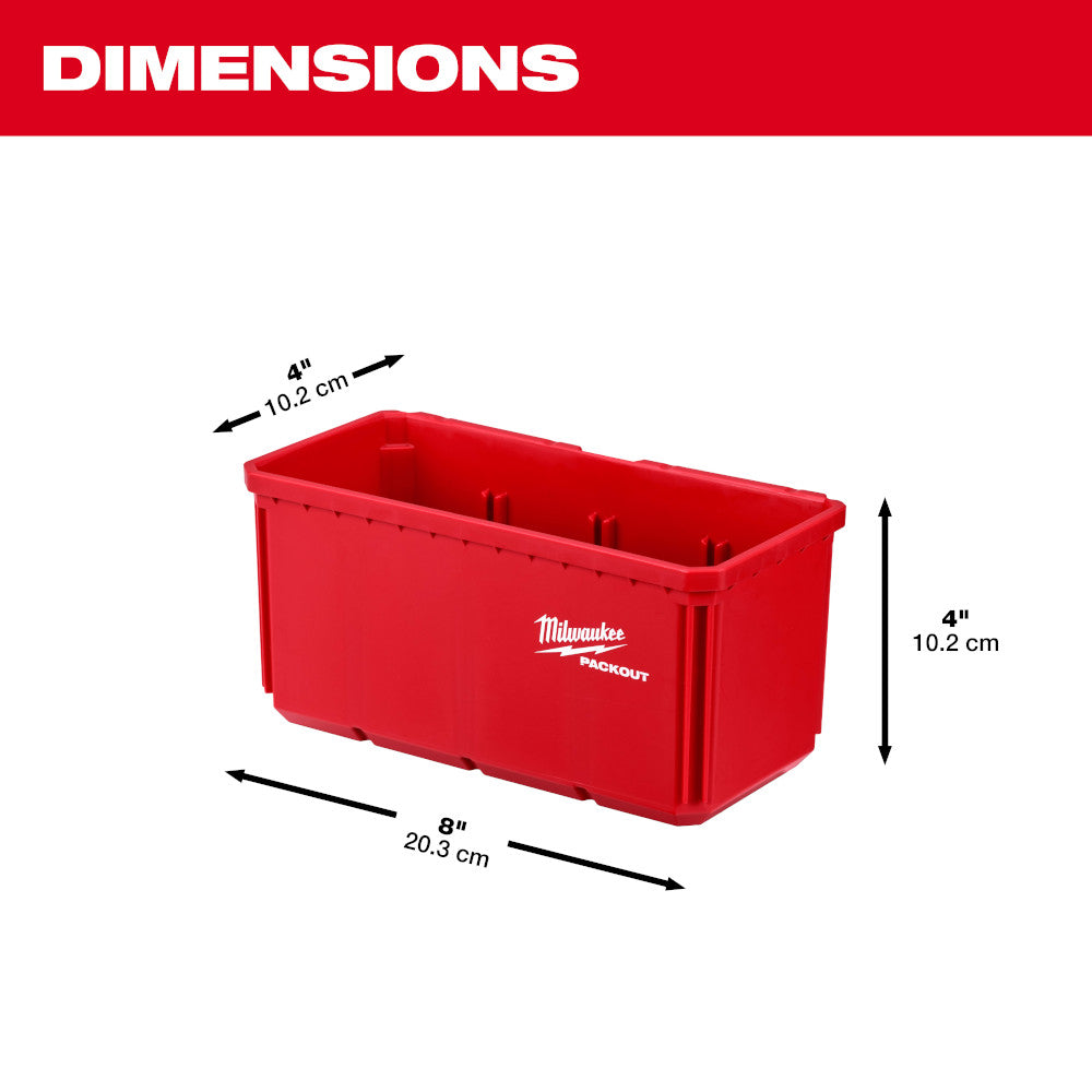 Red Milwaukee PACKOUT storage bin with dimensions of 8" length, 4" width, and 4" height.
