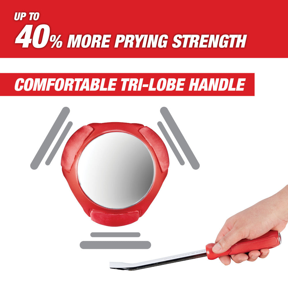 Black steel pry bar with red tri-lobe handle, shown held in hand and displayed with handle detail view.