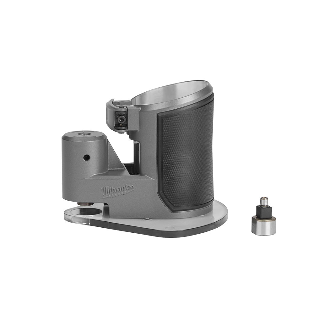 Milwaukee compact router offset base with gray metal body, black grip handle, and detachable metal attachment piece.